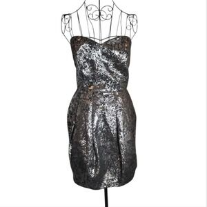 QUBA Strapless Mini Dress Women 10 Silver Metallic Brocade Sweetheart Party Glam